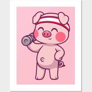 Cute Pig Lifting Dumbbell Cartoon Posters and Art